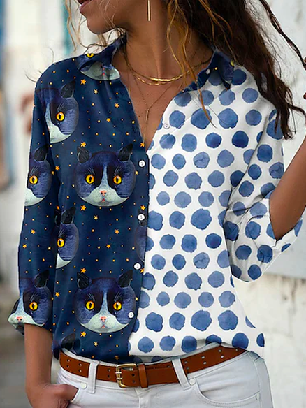

Cat Shirt Collar Polka Dots Casual Blouse, Multicolor, Shirts & Blouses