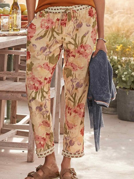 

Floral Regular Fit Casual Pants, Khaki, Pants