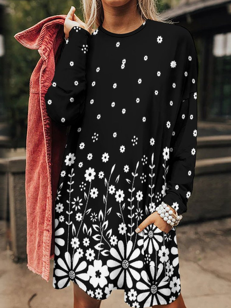 

Womens Flower Sbstract Print Casual Long Sleeve Dress, Black-white, Dresses