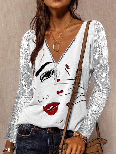 

V Neck Regular Fit Casual Top, Gray, Tops