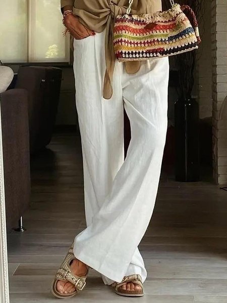 

Loose Cotton-Blend Plain Casual Pants, White, Pants