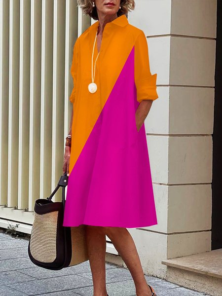 

Midi Long sleeve Regular Fit Color Block Shirt Collar Dress, Rose red, Midi Dresses