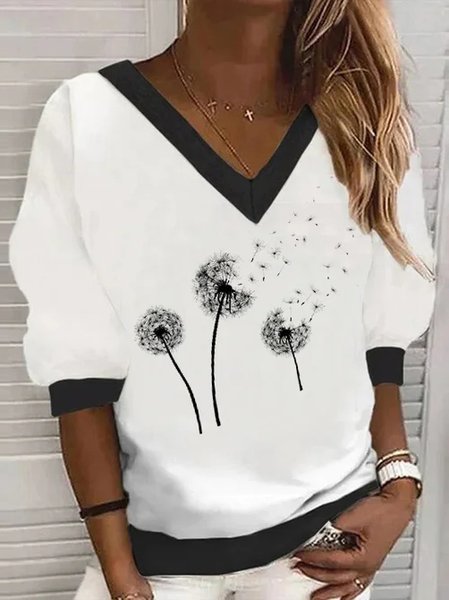 

V Neck Casual Dandelion Loose Sweatshirts, White, Sweatshirts & Hoodies