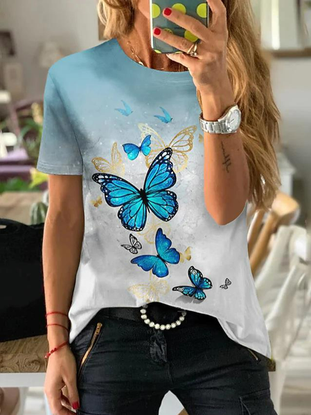 

Women's T shirt Tee Butterfly Casual Weekend Butterfly Painting T shirt, Blue, T-Shirts