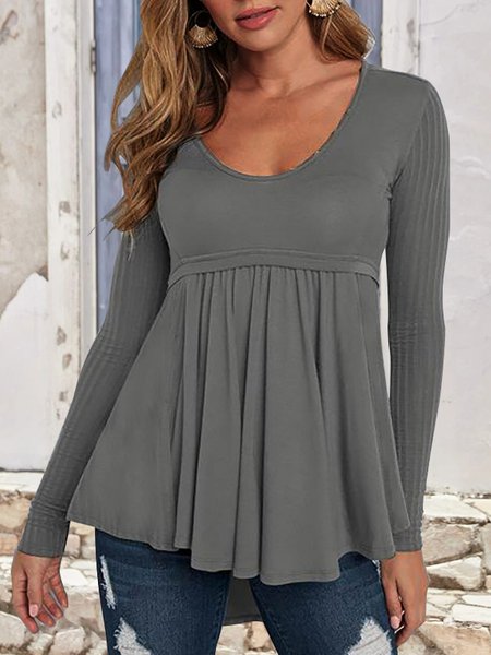 

Casual Plain Textured Knit Pullover Top, Gray, Tunics