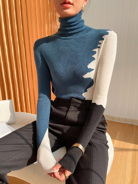 

Fashion Long Sleeve Turtleneck Color Block Sweater, Multicolor, Sweaters