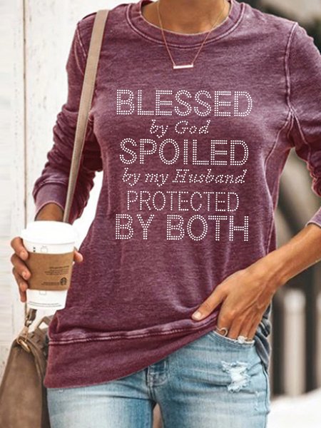 

Women Blessed By God Spoiled By My Husband Text Letters Print Crew Neck Sweatshirt, Red, Hoodies&Sweatshirts