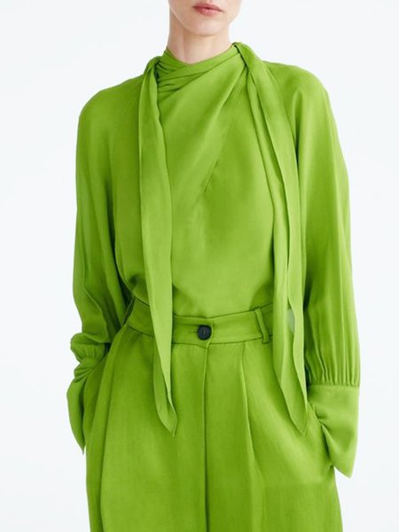 

Urban Plain Long Sleeve Tie Blouse, Green, Blouses and Shirts