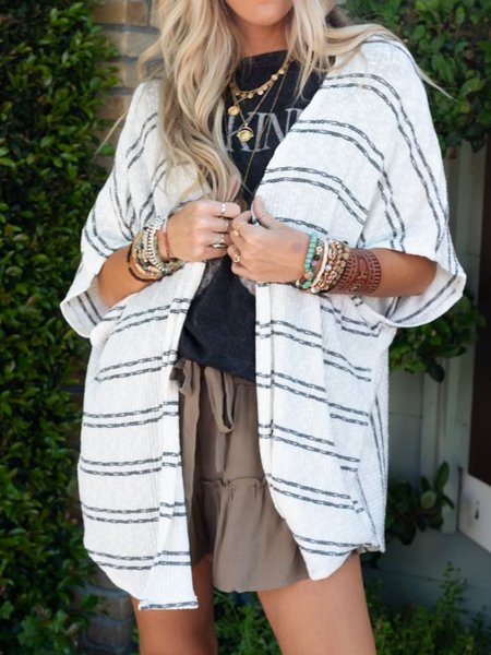 

Striped Casual Cotton-Blend Regular Fit Other Coat, White, Cardigans