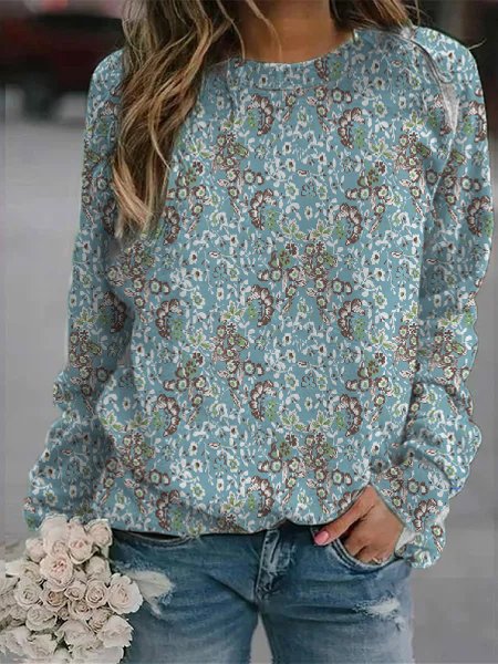 

Loose Floral Crew Neck Sweatshirt, Multicolor, Shirts & Blouses