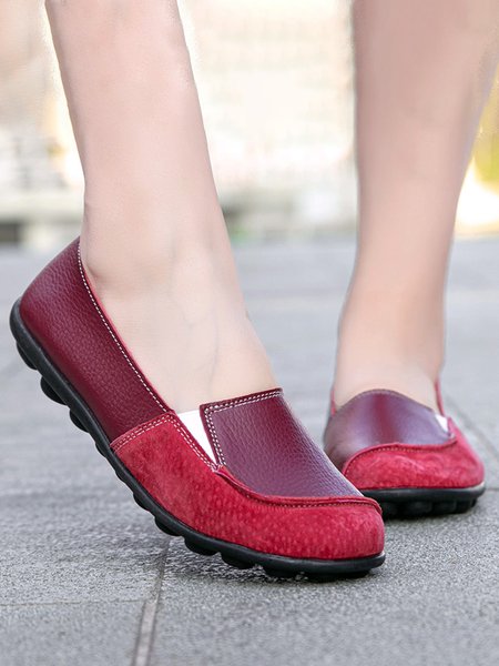 Faux Suede Panel Leather Comfort Soft Flats, Wine red, Flats