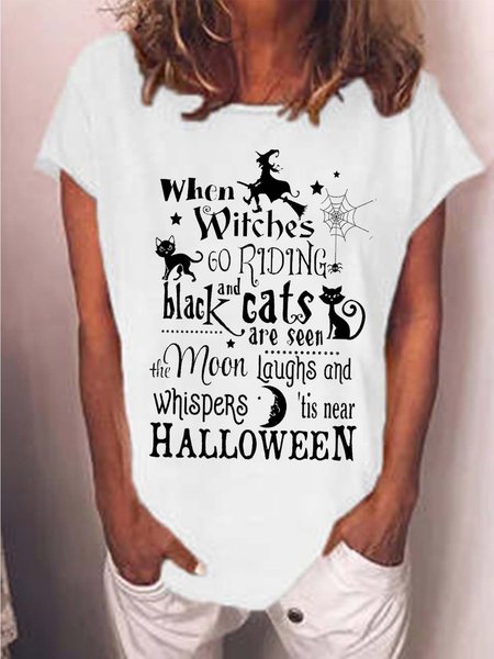 Women Halloween Brooms Witch Moon Black Cats Casual T-Shirt, White, T-shirts