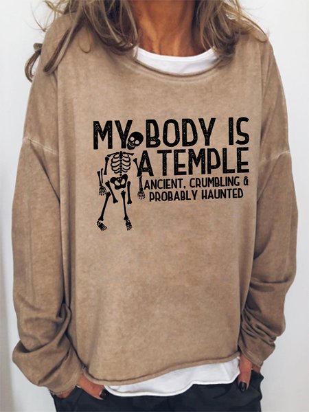 

Women My Body Is A Temple Halloween Simple Loose Sweatshirt, Khaki, Hoodies&Sweatshirts