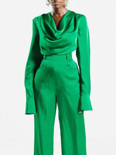 

Women Plain Autumn Elegant V neck Regular Fit Pullover Regular H-Line Regular Blouse, Green, Blouses and Shirts