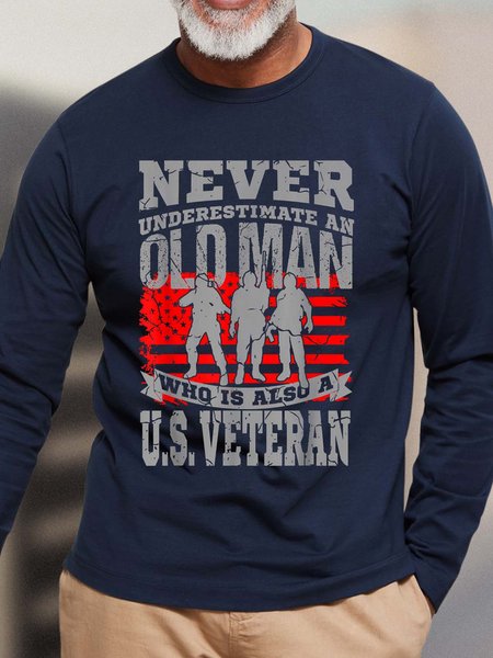 

Men Old Veteran American Letters Casual T-Shirt, Deep blue, Long Sleeves