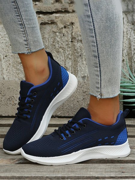

Soft Sole Comfortable Contrast Color Breathable Flyknit Lace-Up Sneakers, Blue, Sneakers