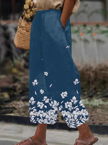 

Floral Casual Loose Casual Pants, Blue, Pants