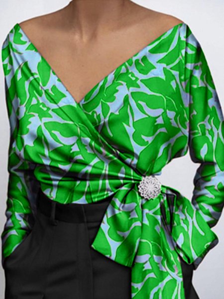 

Women Floral Autumn Elegant Polyester V neck Micro-Elasticity Regular Fit Long sleeve Regular Tops, Green, Tops