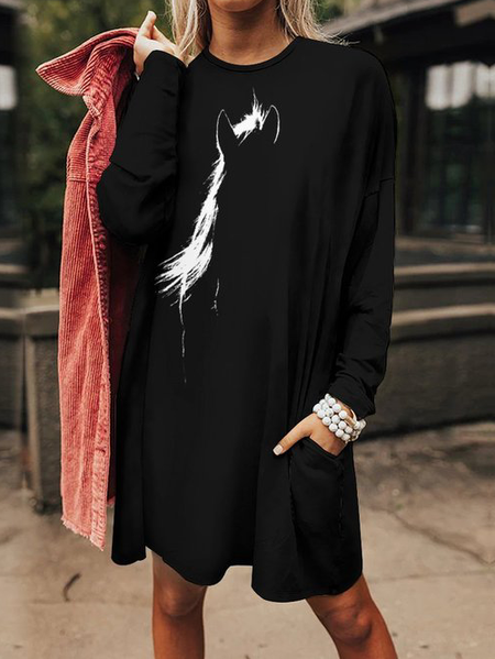 

Women Animal Pattern Crew Neck Dress, Black, Dresses
