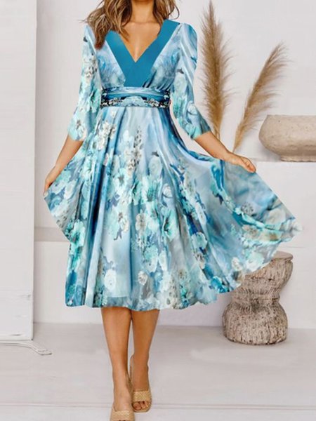 

Floral V Neck Vacation Loose Dresses, Multicolor, Dresses