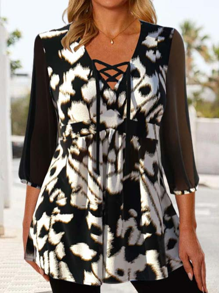 

Casual Leopard Lace Up V Neck 3/4 Sleeve Black Blouse, Shirts & Blouses