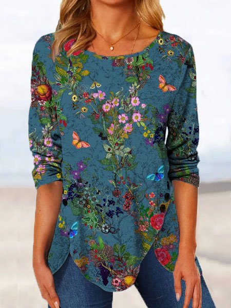 

Floral Crew Neck Loose Top, Multicolor, Tops