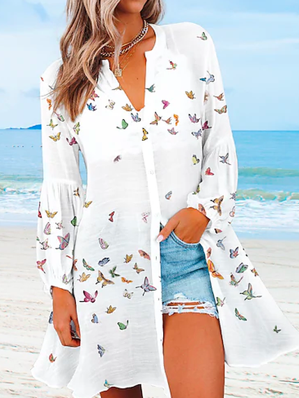 

Butterfly Loose V Neck Vacation Blouse, White, Shirts & Blouses