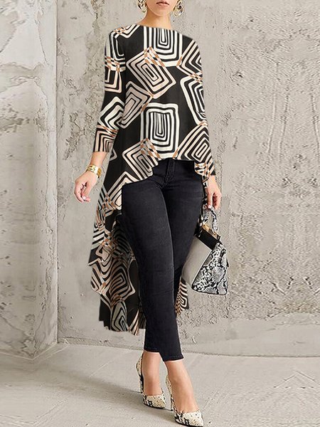 

Women Abstract Autumn Urban Regular Fit Commuting Long sleeve A-Line Regular Regular Size Tops, Black, Tops