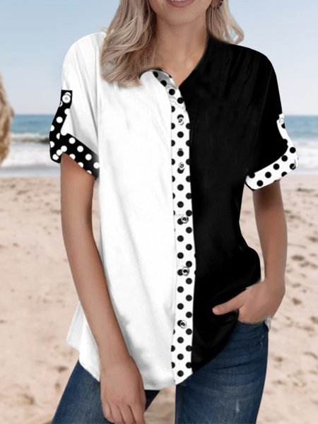 

JFN Color Block Shirt Collar Polka Dots Casual Short Sleeve Shirt Blouse, Black, Shirts & Blouses