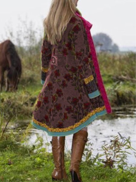 

Green Floral Long Sleeve Cotton-Blend Knit coat, Red, Coats