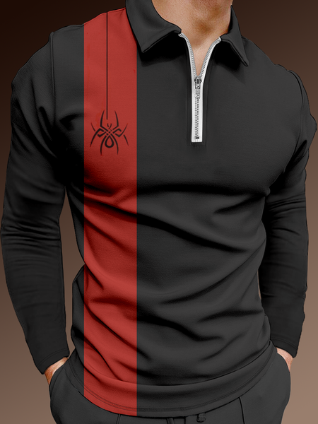 

Casual Art Collection Geometric Striped Color Block Spider Pattern Lapel Long Sleeve Polo Print Top, Black, Men's t-shirts