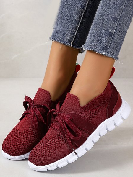 

Comfortable Soft Sole Lightweight Non-Slip Flyknit Lace-Up Sneakers, Wine red, Sneakers