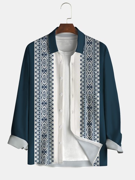 

Men's Geometric Stripe Print Casual Breathable Long Sleeve Shirt, Blue, Long Sleeve Shirts