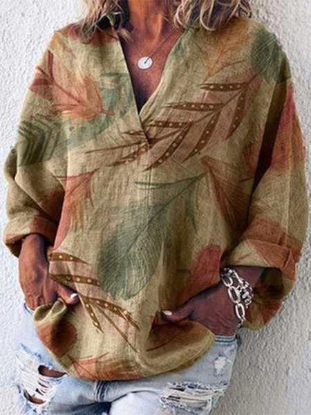 

Leaf Loose V Neck Casual Tops, Multicolor, Shirts & Blouses