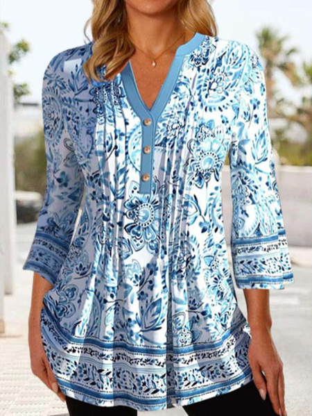 

Casual Light Blue Split Neck Paisley Print Blouse, Tunics