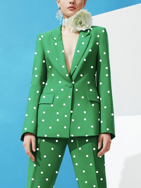 

Urban Long Sleeve Polka Dots Lapel Collar Blazer, Green, Blazers