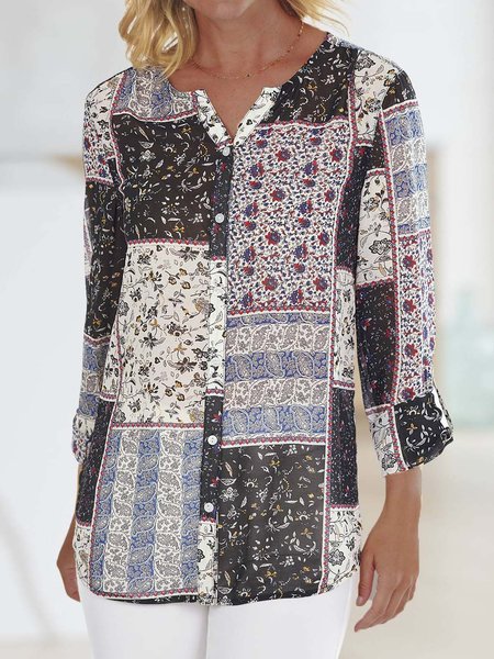 

V Neck Casual Cotton-Blend Blouse, Multicolor, Shirts & Blouses