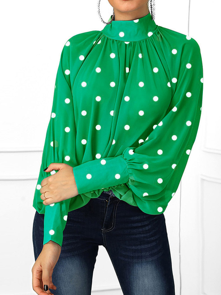 

Polka Dots Autumn Urban Polyester No Elasticity Loose Long sleeve Regular Regular Size Blouse for Women, Green, Blouses and Shirts