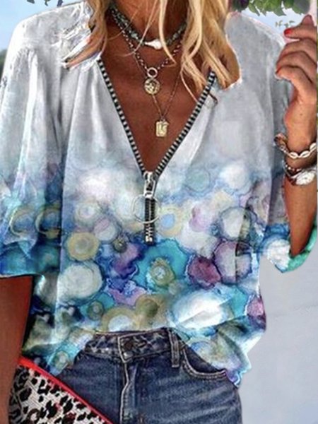 

Loose Casual V Neck Ombre Tops, Multicolor, Shirts & Blouses