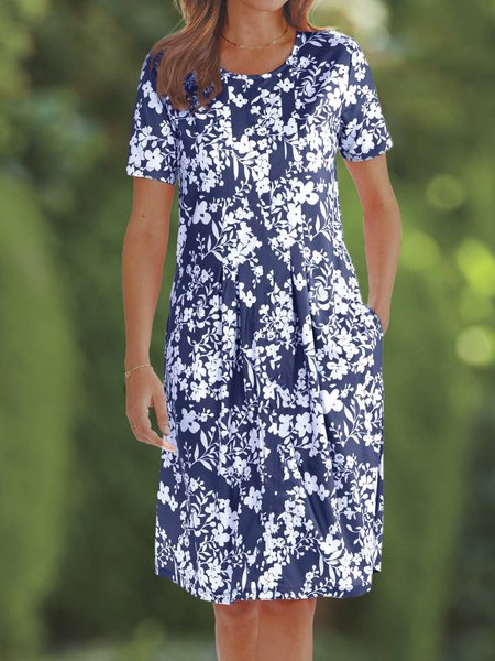 

Cotton-Blend Crew Neck Casual Dresses, Blue, Mini Dresses