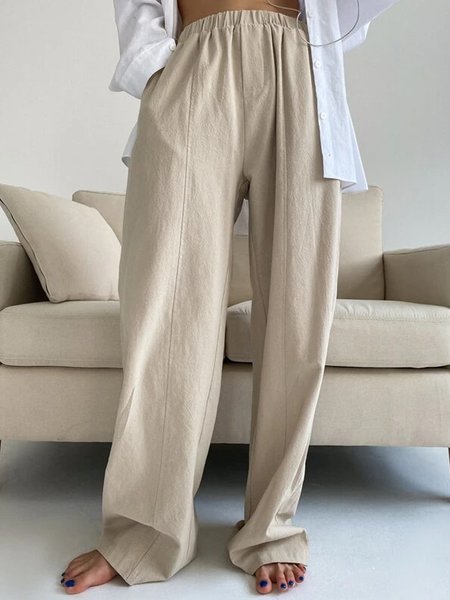 

Plain cotton linen elastic waist slacks palazzo pants/wide leg pants plus size, Khaki, Pants