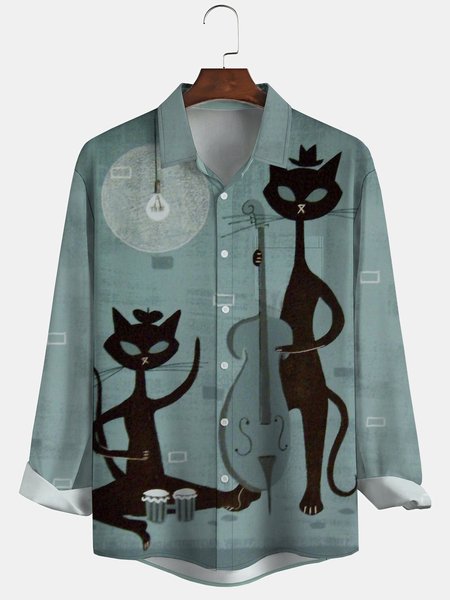 

Men's Art Cat Print Casual Breathable Long Sleeve Shirt, Green, Long Sleeve Shirts