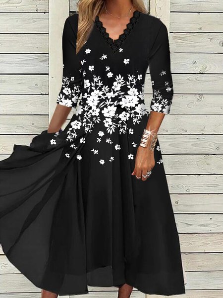 

Floral Casual V Neck Dresses, Black, Midi Dresses
