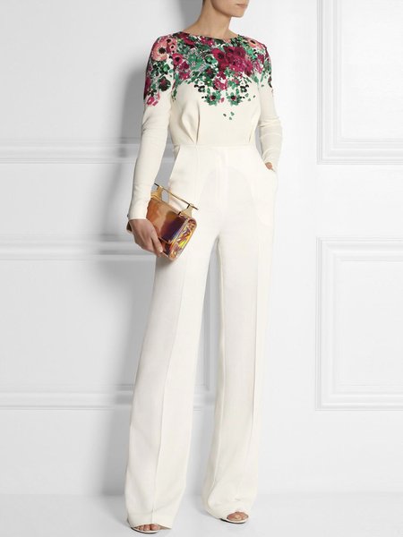 

Women Floral Autumn Urban Daily Regular Fit Long sleeve Crew Neck Regular Regular Size Jumpsuit & Romper, White, Jumpsuits