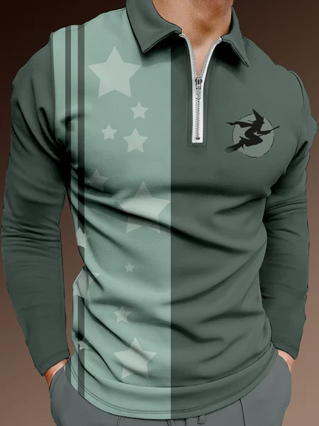 

Casual Festive Collection Geometric Striped Color Block Halloween Witch Element Pattern Lapel Long Sleeve Polo Print Top, Dark green, Men's t-shirts