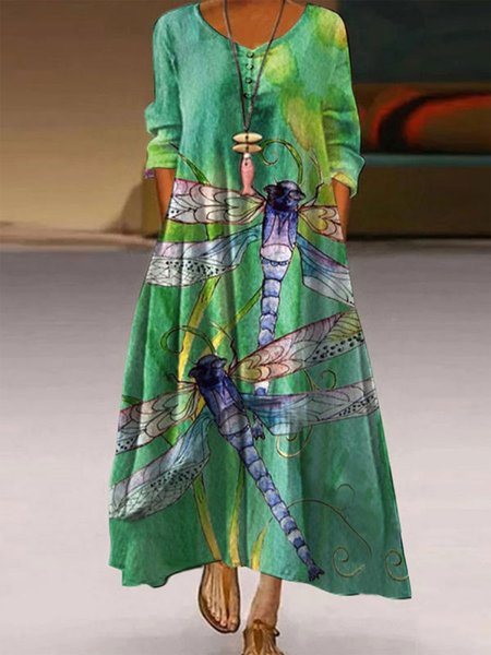 

Dragonfly Crew Neck Vacation Dresses, Green, Dresses