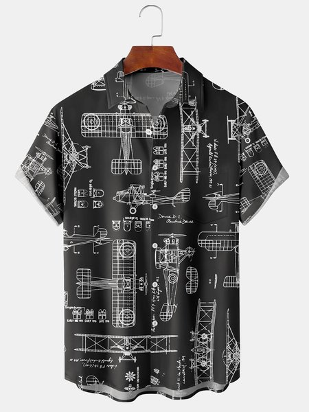 

Men's Line Art Spacecraft Print Casual Breathable Hawaiian Short Sleeve Shirt, Black, Short Sleeve Shirts