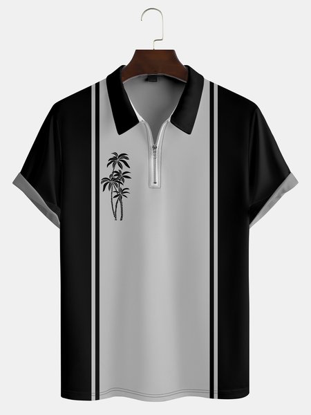 

Resort-Style Hawaiian Striped Geometric Plant Coconut Tree Element Pattern Lapel Short-Sleeved Polo Print Top, Black, Polos