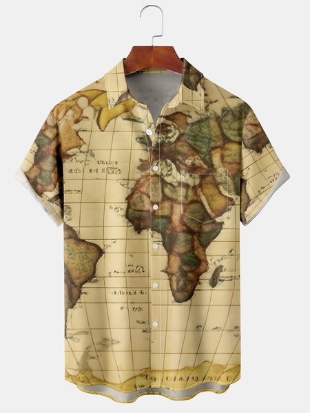 

Men's Casual Map Print Front Button Soft Breathable Chest Pocket Casual Hawaiian Shirt, Khaki, Men's Floral shirt