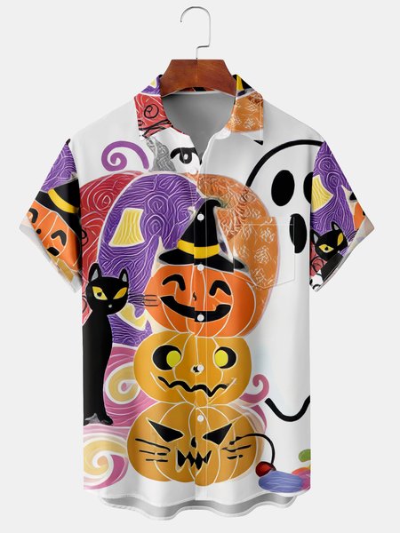 

Men's Casual Halloween Print Front Button Soft Breathable Chest Pocket Casual Hawaiian Shirt, White, Men's Floral shirt